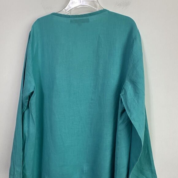 Flax Linen Tunic S Aqua Button Front Pockets Lagenlook Minimal Relaxed Shirt Top - Picture 7 of 10